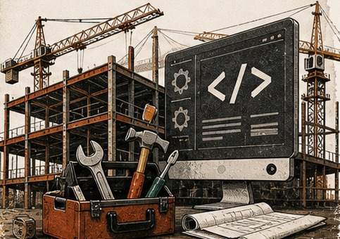 A construction site with tools and a code screen