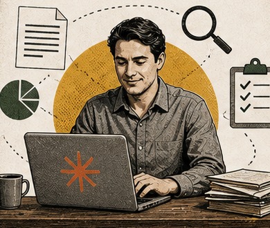 A business owner at a laptop handing Claude files, research and a checklist