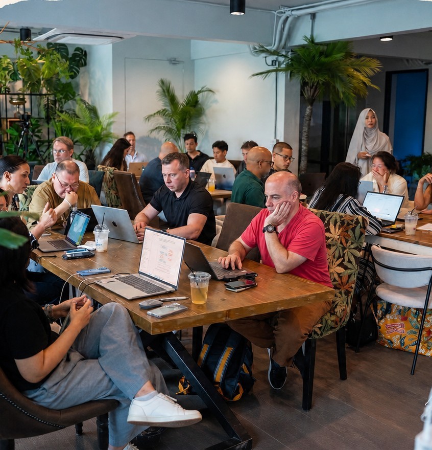 Students working in pairs on their laptops at a previous AI CEOs workshop in Bangkok